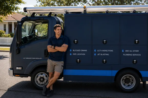Plumber standing beside a service van in Holsworthy