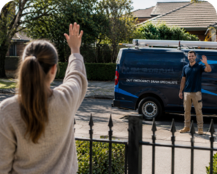 Customer waving goodbye to a Holsworthy Blocked Drains plumber